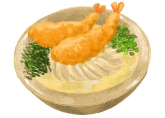 Japanese udon noodle shrimp tempura with seaweed and scallion illustration hand painting