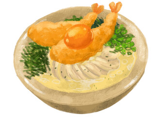 Japanese udon noodle shrimp tempura with seaweed and scallion illustration hand painting