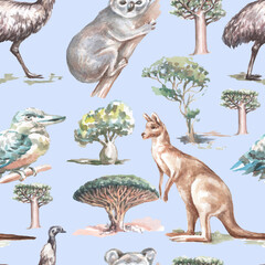 Animals Australia graphic illustration hand drawn koala ostrich emu isolated on white background  patern seamless