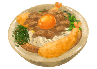 Japanese udon noodle beef shrimp tempura with seaweed and scallion illustration hand painting art