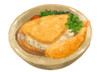 Inari shrimp tempura udon noodle soup Japanese food illustration  hand drawing art