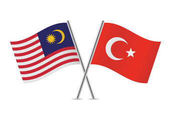 Malaysia and Turkey crossed flags. Malaysian and Turkish flags on white background. Vector icon set. Vector illustration.