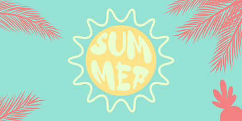 Summer background with tropical plant silhouettes, and summer typography in the sun.