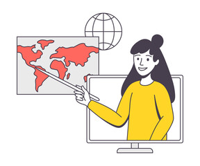 Online Learning with Woman Instructor from Computer Pointing at Globe Map Teaching Geography Engaged in Virtual Classes Outline Vector Illustration