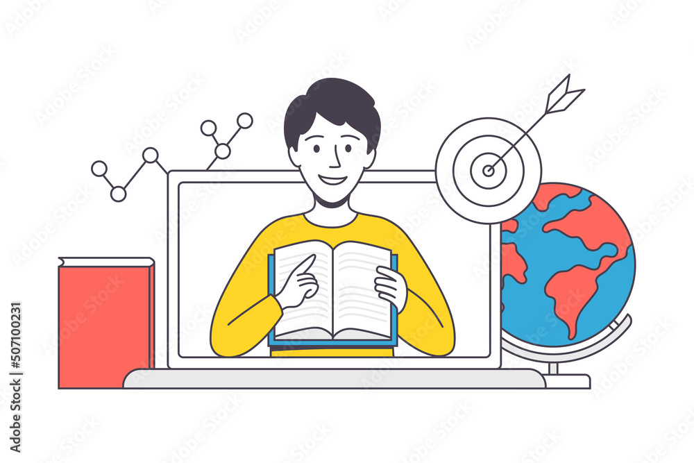 Poster online learning with man instructor from laptop screen teaching with book engaged in virtual classes