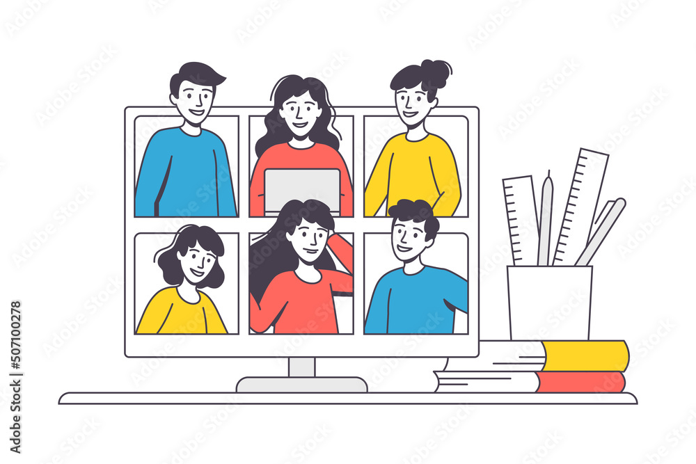 Poster online learning with man and woman student and instructor on computer screen engaged in virtual clas