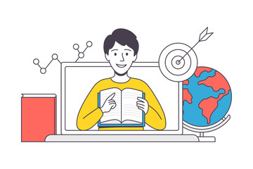 Online Learning with Man Instructor from Laptop Screen Teaching with Book Engaged in Virtual Classes Outline Vector Illustration