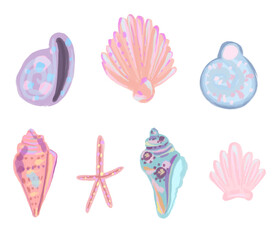 Vector Collection of seashells and corals painted in watercolor. Summer illustration.