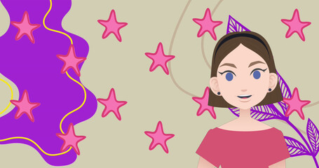 Image of woman talking over stars and shapes icons