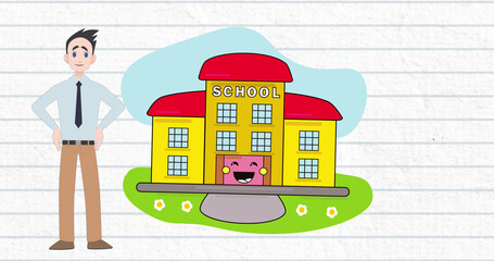 Image of man talking over school icon