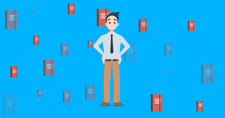 Image of man talking over notebook icons