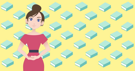 Image of woman talking over book icons