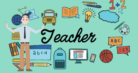 Image of man talking over school icons and teacher text