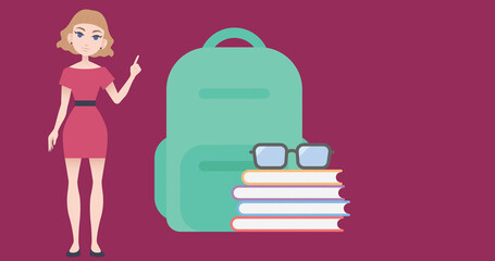 Image of woman talking over school icons