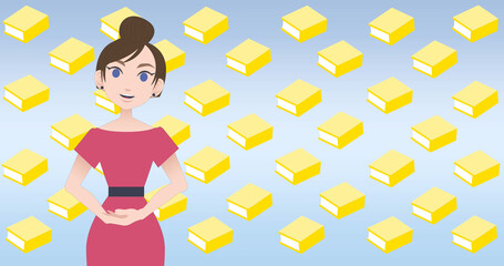 Image of woman talking over book icons