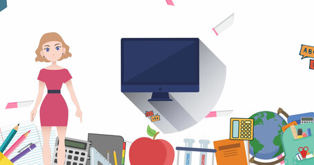 Image of woman talking over school icons