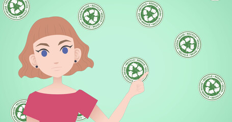 Image of woman talking over recycling icons
