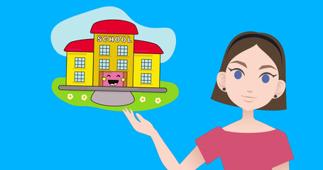 Image of woman talking over school icon