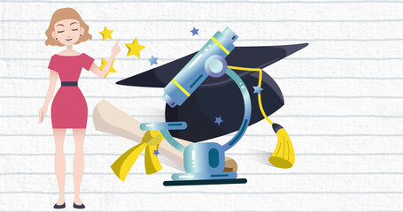 Image of woman talking over school icons