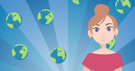 Image of woman talking over globe icons