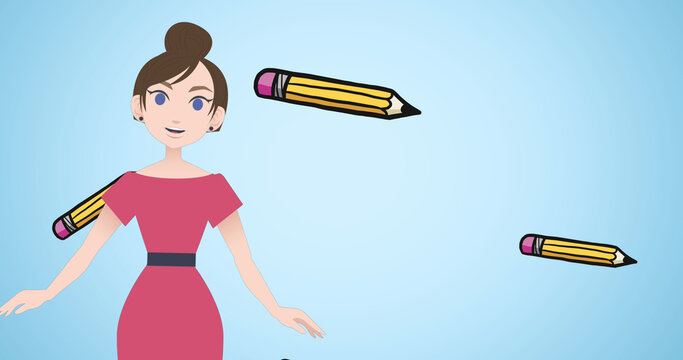 Image of woman talking over pencil icons