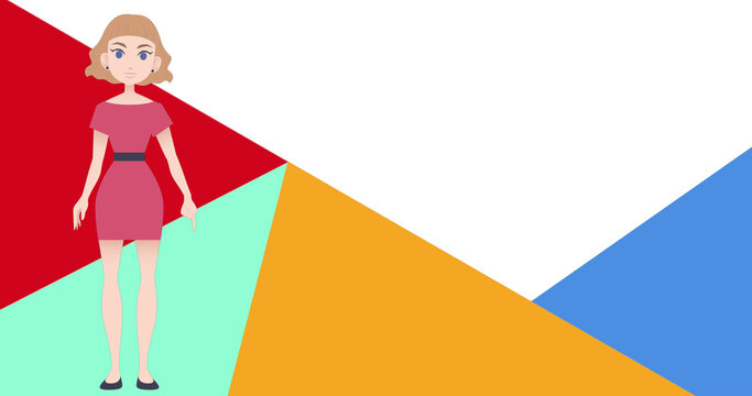 Image of woman talking over colourful shapes