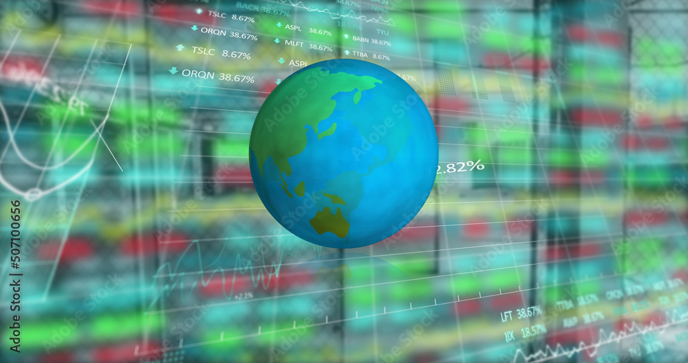 Poster image of data processing and rotating globe over colourful graphs