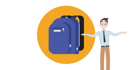 Image of man talking over school bag icon