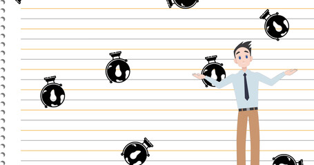 Image of man talking over back to school text and globe icons