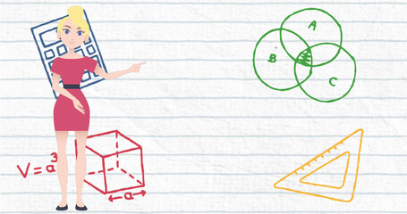 Image of woman talking over school icons