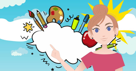 Image of woman talking over school icons