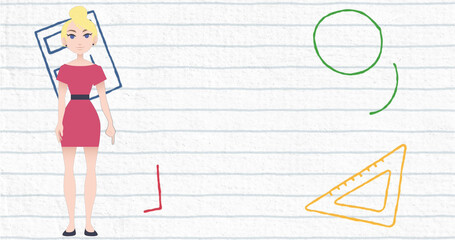 Image of woman talking over school icons