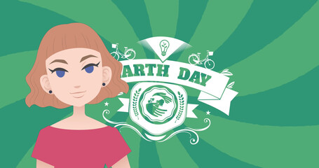 Image of woman talking over earth day text
