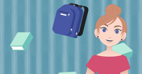 Image of woman talking over school icons