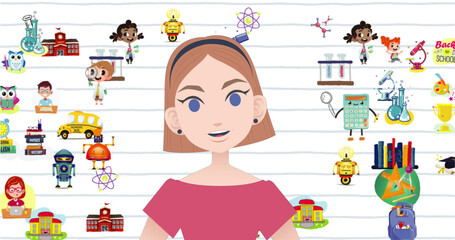 Image of woman talking over school icons