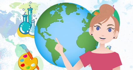 Image of woman talking over globe and school icons