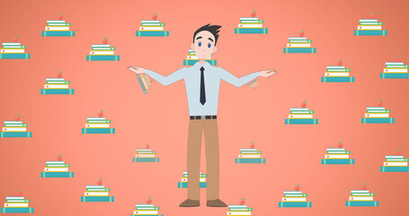 Image of man talking over school icons