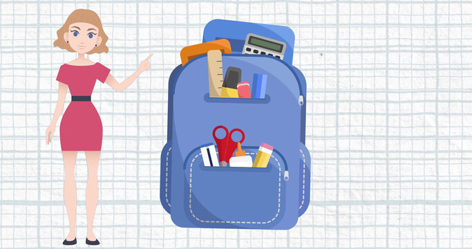Image of woman talking over school bag icon