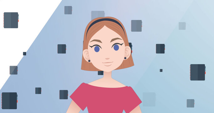 Image of woman talking over notebook icons