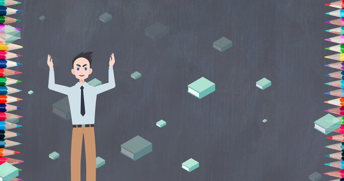 Image of man talking over book icons - Powered by Adobe