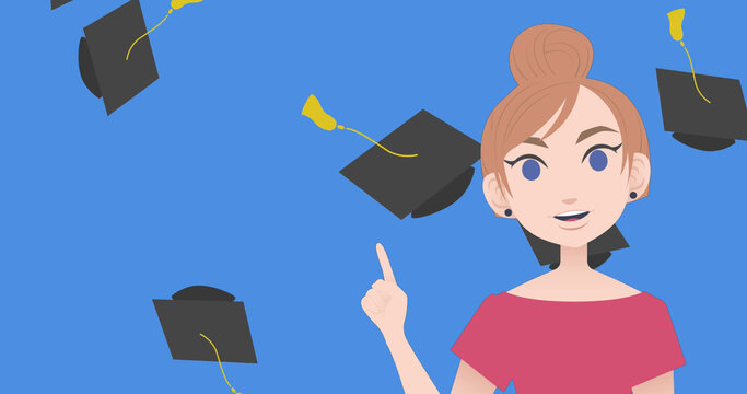 Image of woman talking over graduate caps