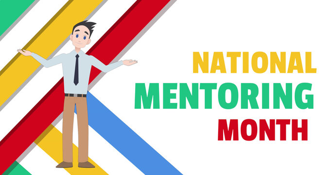 Image of man talking over colourful lines and national mentoring month text