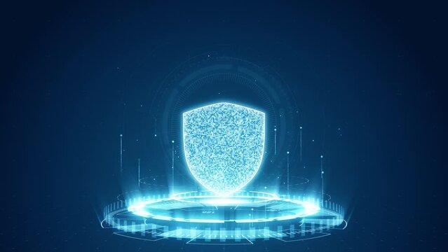 Motion graphic of Blue security shield logo with digital futuristic technology circle rotation and levitation particle on abstract background 
