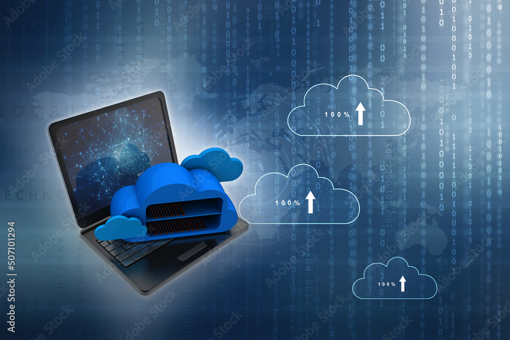 Poster 3d rendering cloud folder storage in laptop