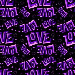 Lettering Seamless Pattern Vector. Purple neon Love typography with small hearts. Design templates for fashion, fabric, textile, wrapping paper, wallpaper. Modern typographic hand drawn background