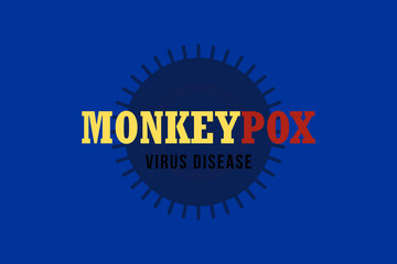Monkeypox virus disease typography on virus symbol background design. Blue conceptual vector with yellow, and red text. 