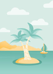 Summer illustration of island view with two palmas in the sea.