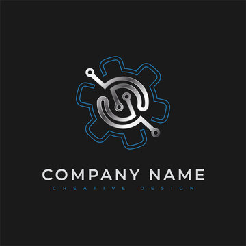 Modern Logo Fiber Optic Cable. Vector Design Template. Icon of the circuit board line with a gear. Sign used for technology, engineering, network. Electronics, motherboard, processor, computer