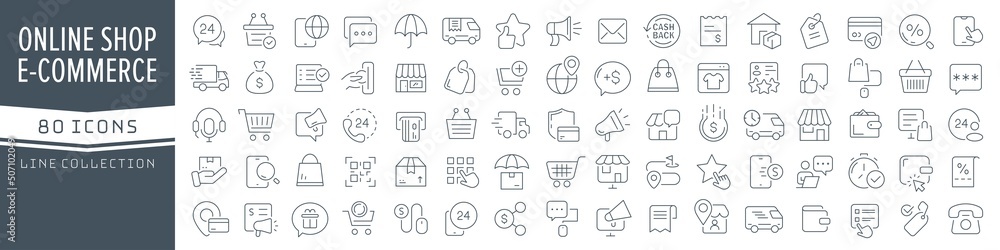 Poster E-commerce and online shopping line icons collection. Big UI icon set in a flat design. Thin outline icons pack. Vector illustration EPS10