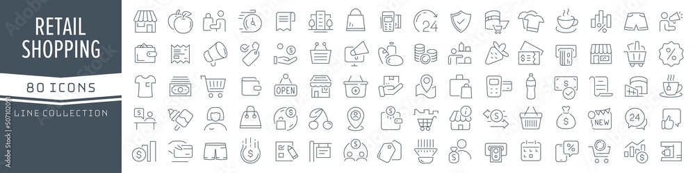 Aufkleber retail and shopping line icons collection. big ui icon set in a flat design. thin outline icons pack